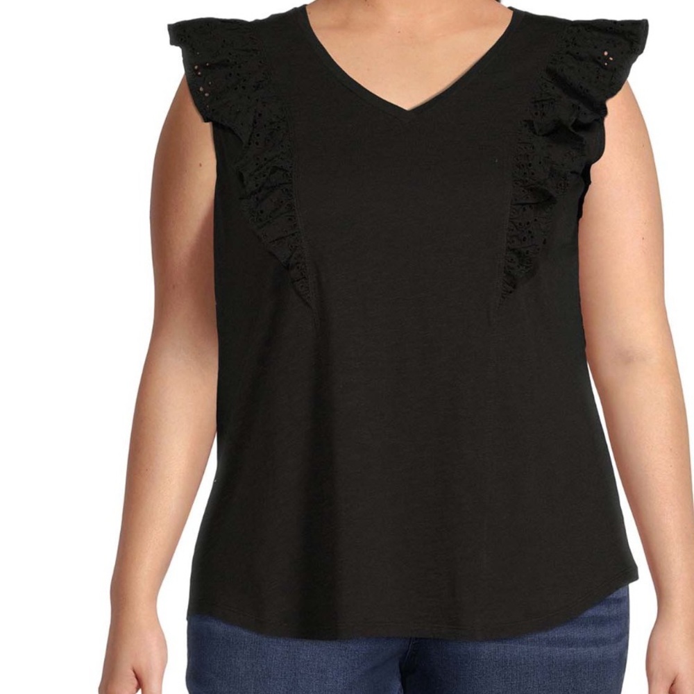 Terra & Sky Black Ruffle Sleeve v neck Top.‎ Women size 0X